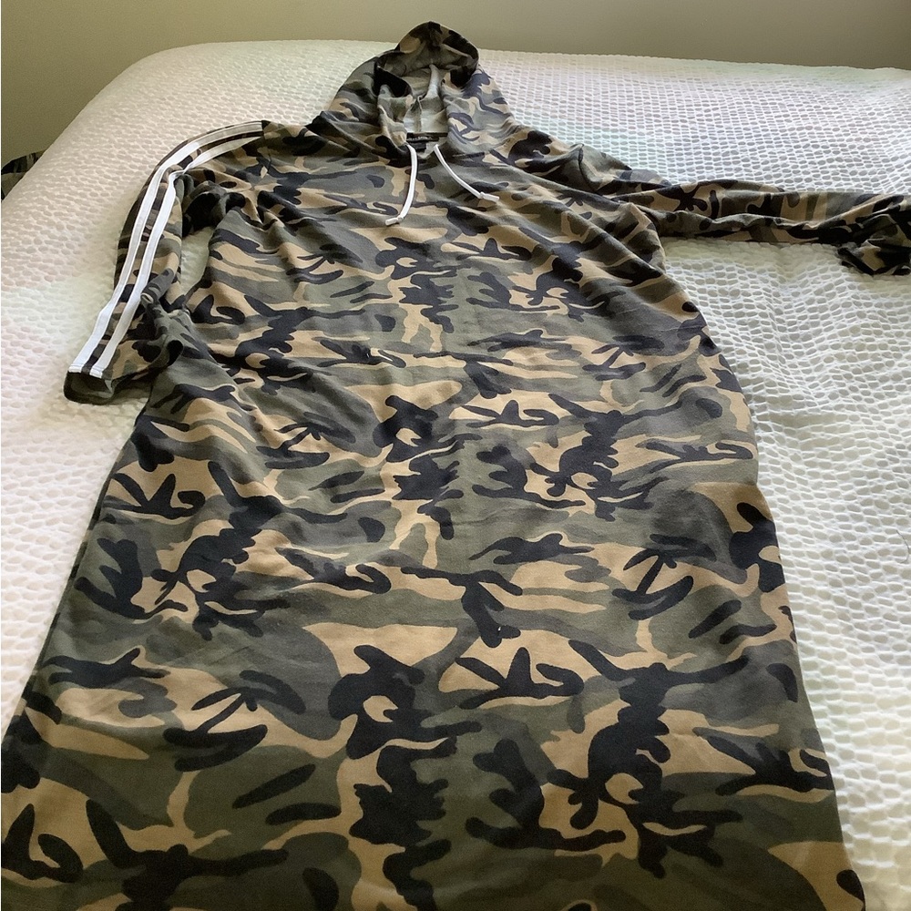 Camo Hooded Sweatshirt Dress with Side Stripe